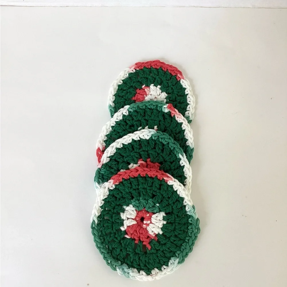 Coaster Set Hand Crafted Red White Green Christmas Holidays Crochet